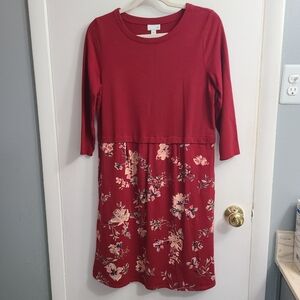J.Jill Women's Brick Red Floral Relaxed Cotton Stretch Dress 3/4 Sleeve Sz S